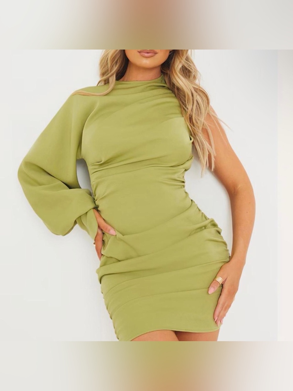 PrettyLittleThing One-Shoulder Sage Green Ruched Mini Dress